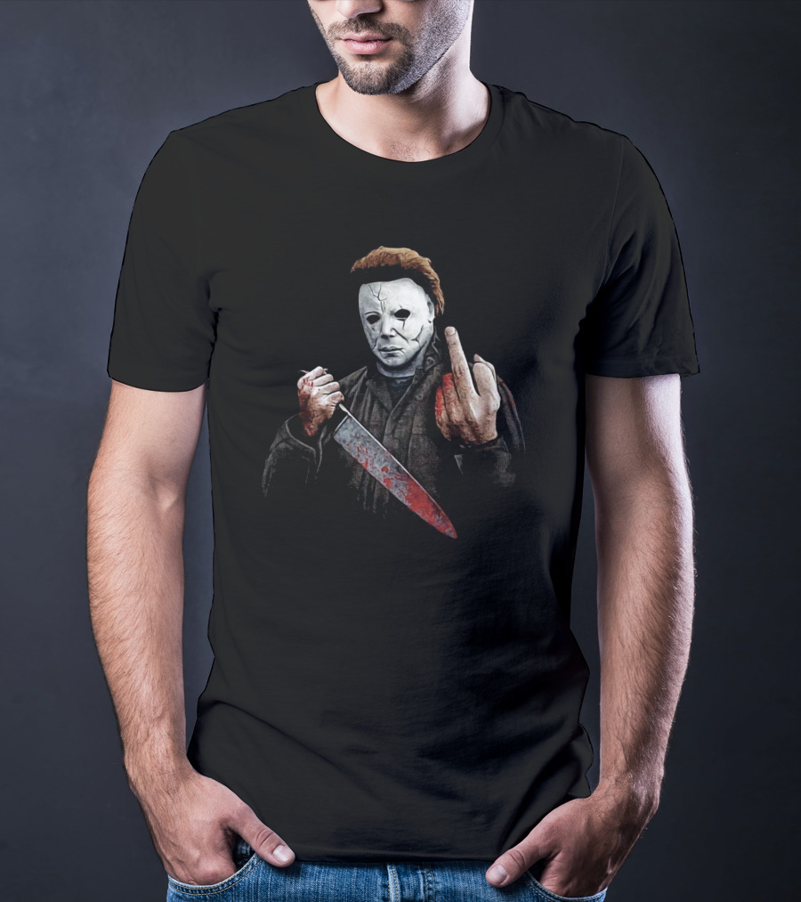 Halloween Michael Myers Holding Bloody Knife And Middle Finger Gesture T-Shirt