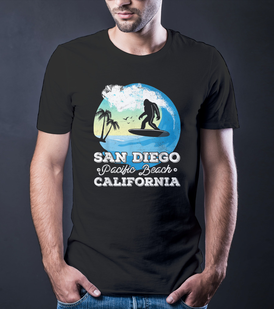 San Diego Pacific Beach California Bigfoot Surfer Adventure Scene T-Shirt