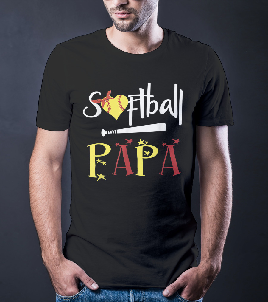 Softball Papa Heart Bat Stars T-Shirt
