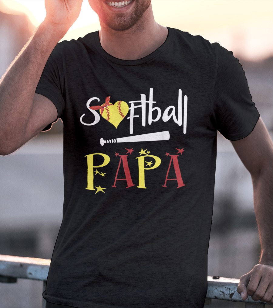 Softball Papa Heart Bat Stars T-Shirt