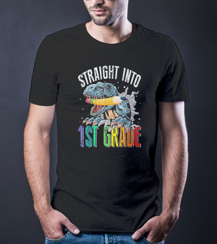 Straight Into 1st Grade Dinosaur Pencil Graphic Back To School T-Shirt