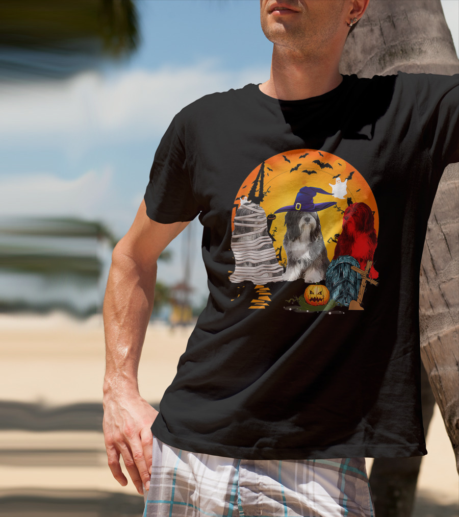 Tibetan Terrier Dog Family Of Three Halloween Spooky Scene With Witch Hat And Pumpkin T-Shirt