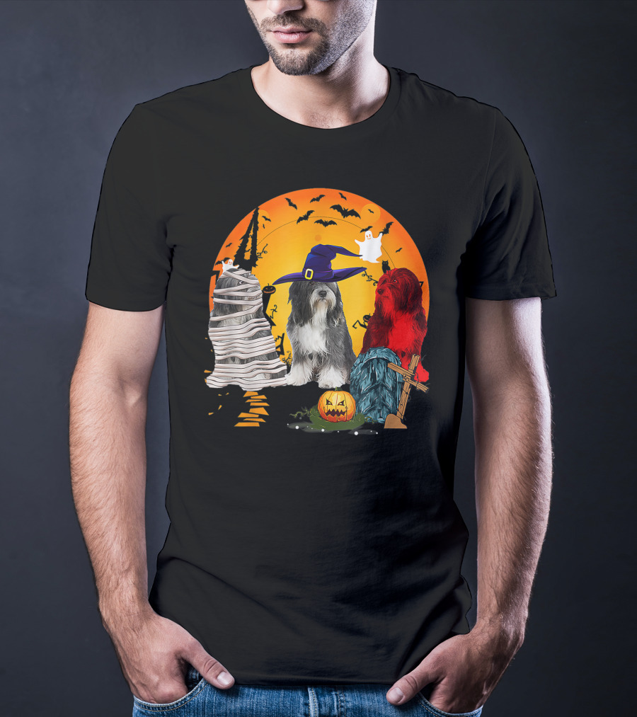 Tibetan Terrier Dog Family Of Three Halloween Spooky Scene With Witch Hat And Pumpkin T-Shirt