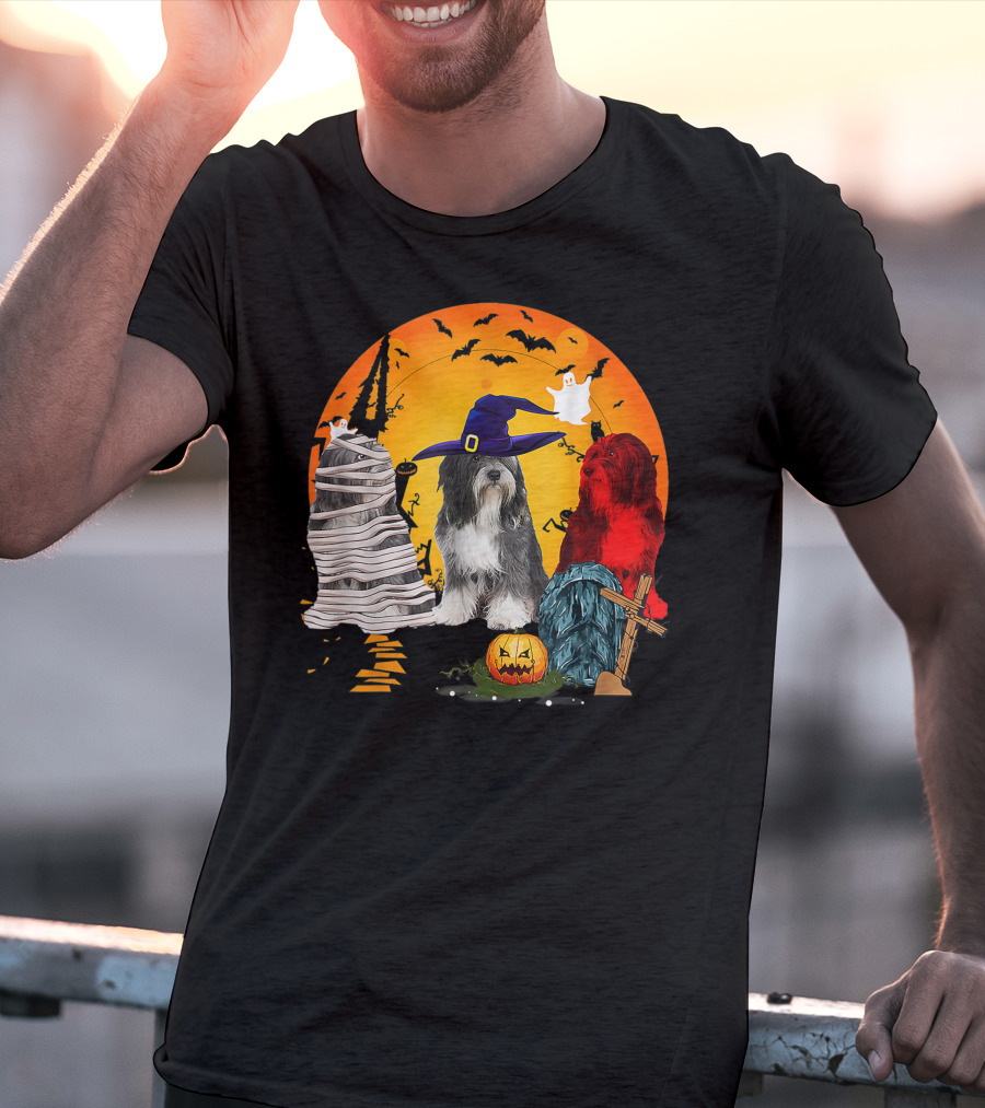 Tibetan Terrier Dog Family Of Three Halloween Spooky Scene With Witch Hat And Pumpkin T-Shirt