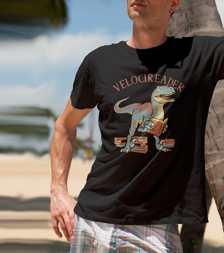 VELOCIREADER Dinosaur Reading Book With Stacked Books T-Shirt