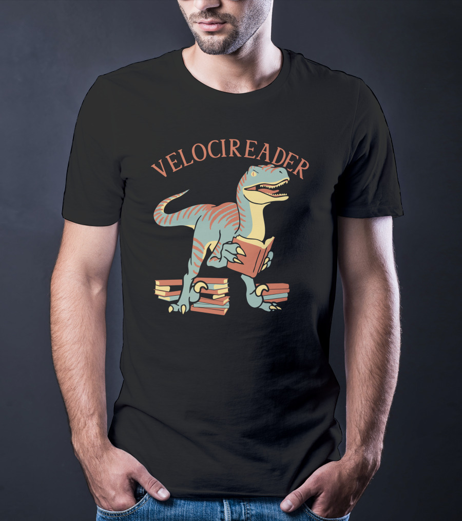 VELOCIREADER Dinosaur Reading Book With Stacked Books T-Shirt