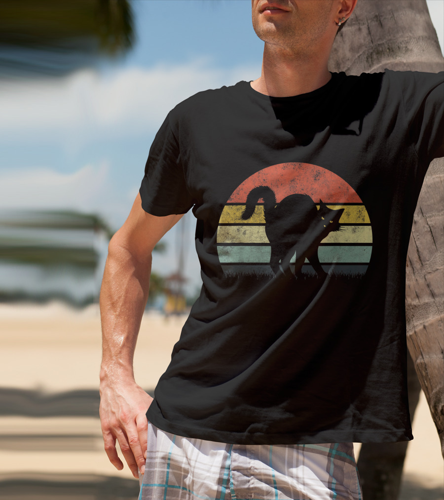 Vintage Retro Scary Black Cat Silhouette Sunset T-Shirt
