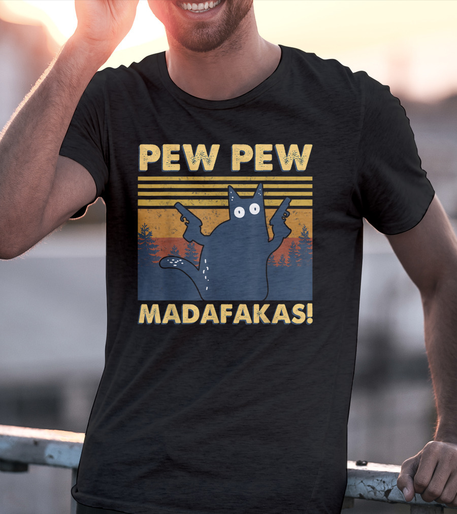 Pew Pew Madafakas Cat Retro Gun-Wielding Forest T-Shirt