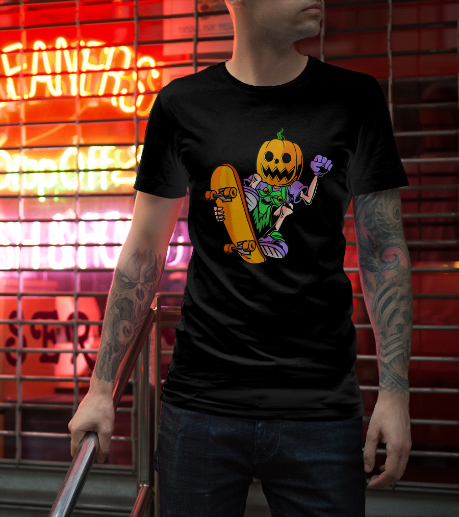 Pumpkin Head Trick Skateboarding With Halloween T-Shirt