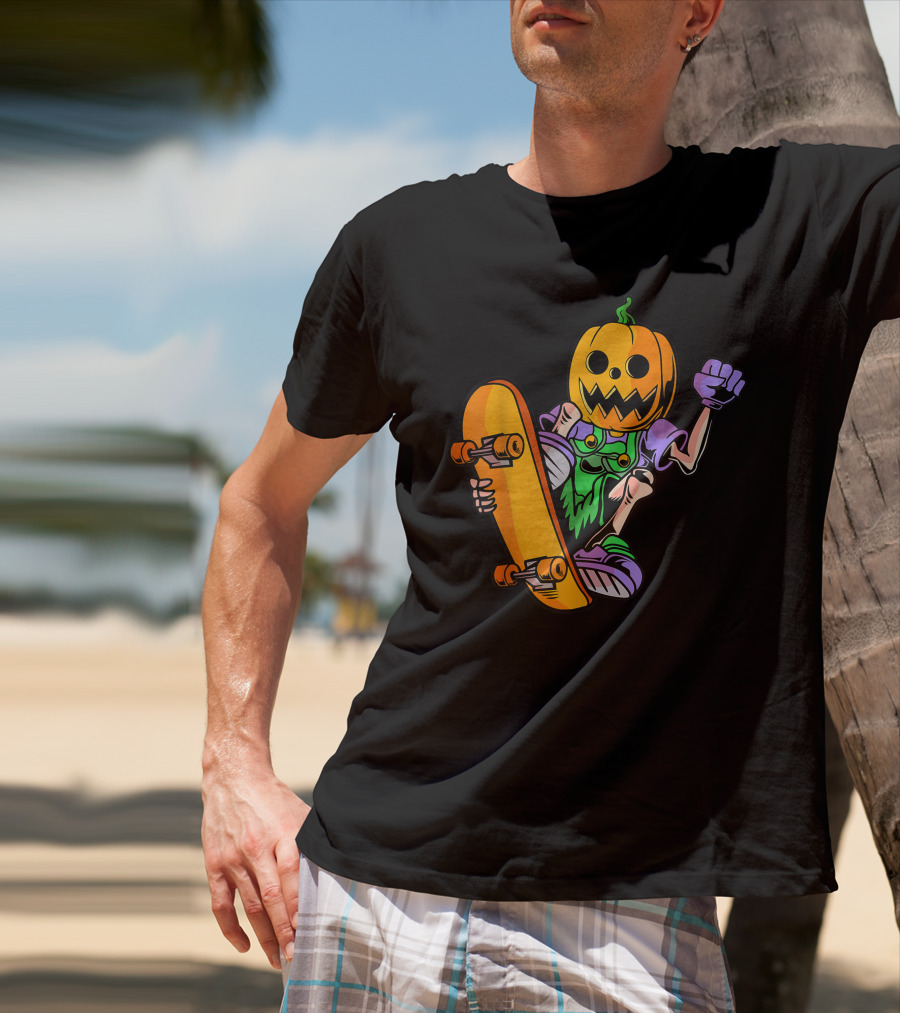 Pumpkin Head Trick Skateboarding With Halloween T-Shirt