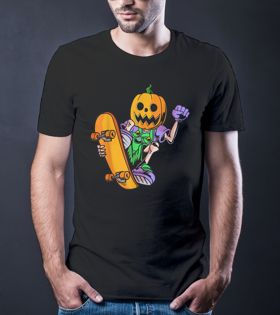 Pumpkin Head Trick Skateboarding With Halloween T-Shirt