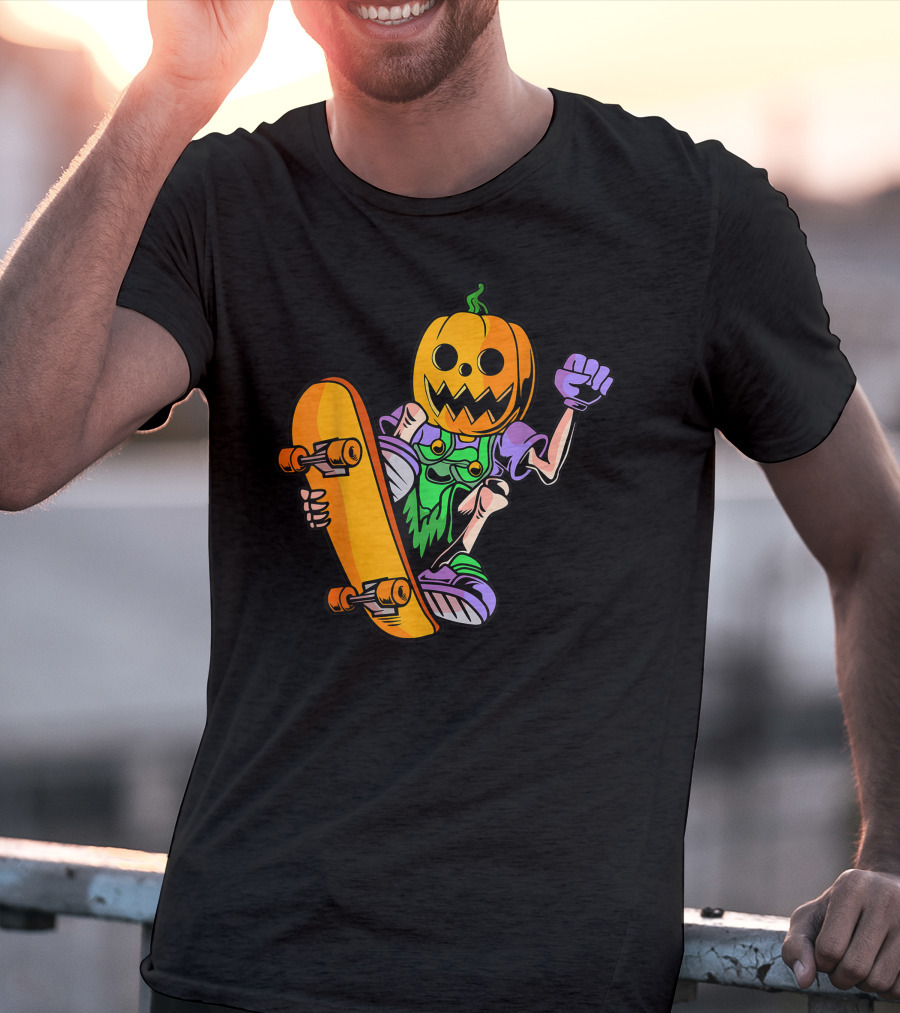 Pumpkin Head Trick Skateboarding With Halloween T-Shirt