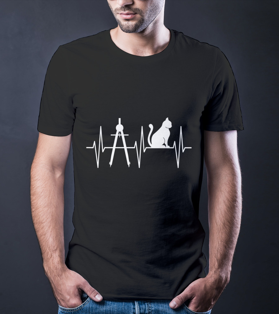 Cat Lover Architectural Compass Heartbeat T-Shirt