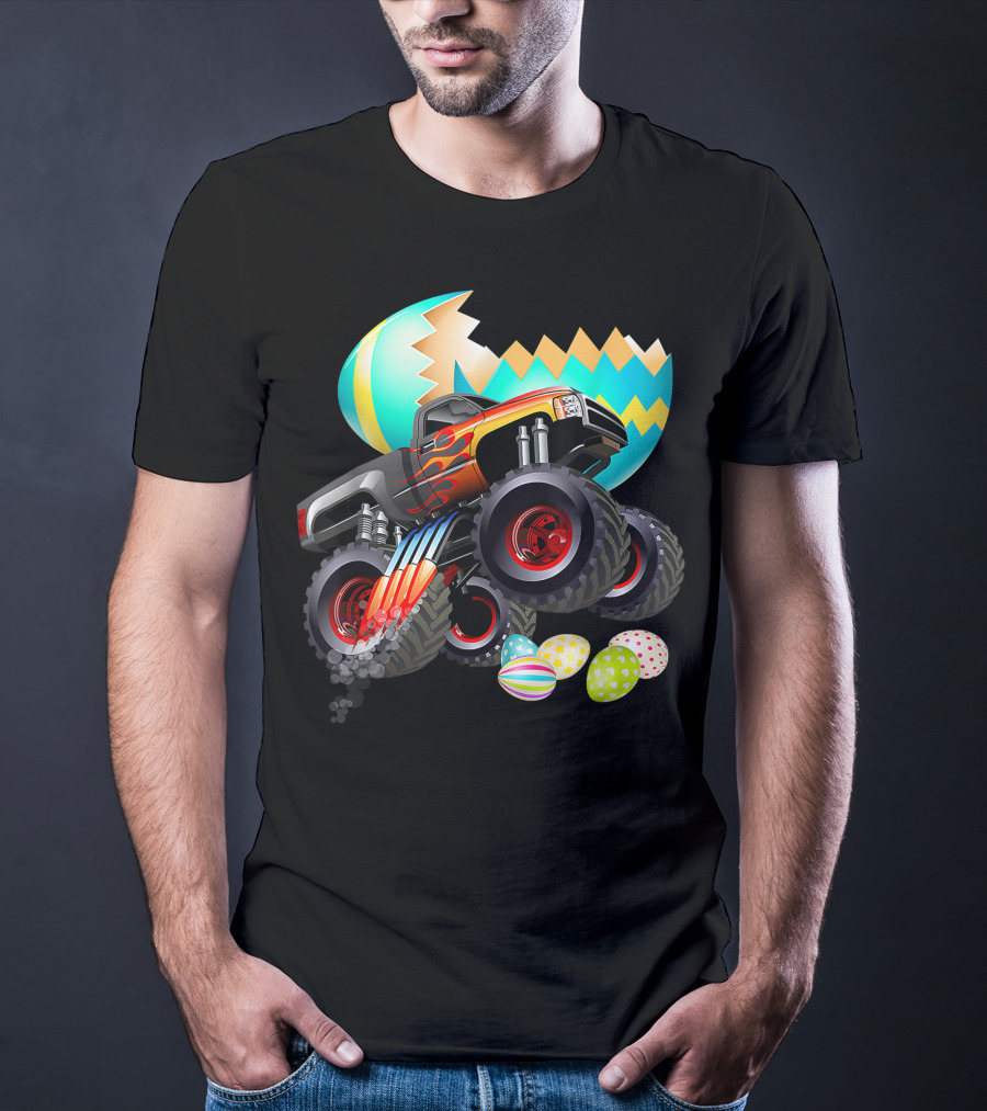 Monster Truck Cracking Colorful Easter Eggs Explosion T-Shirt