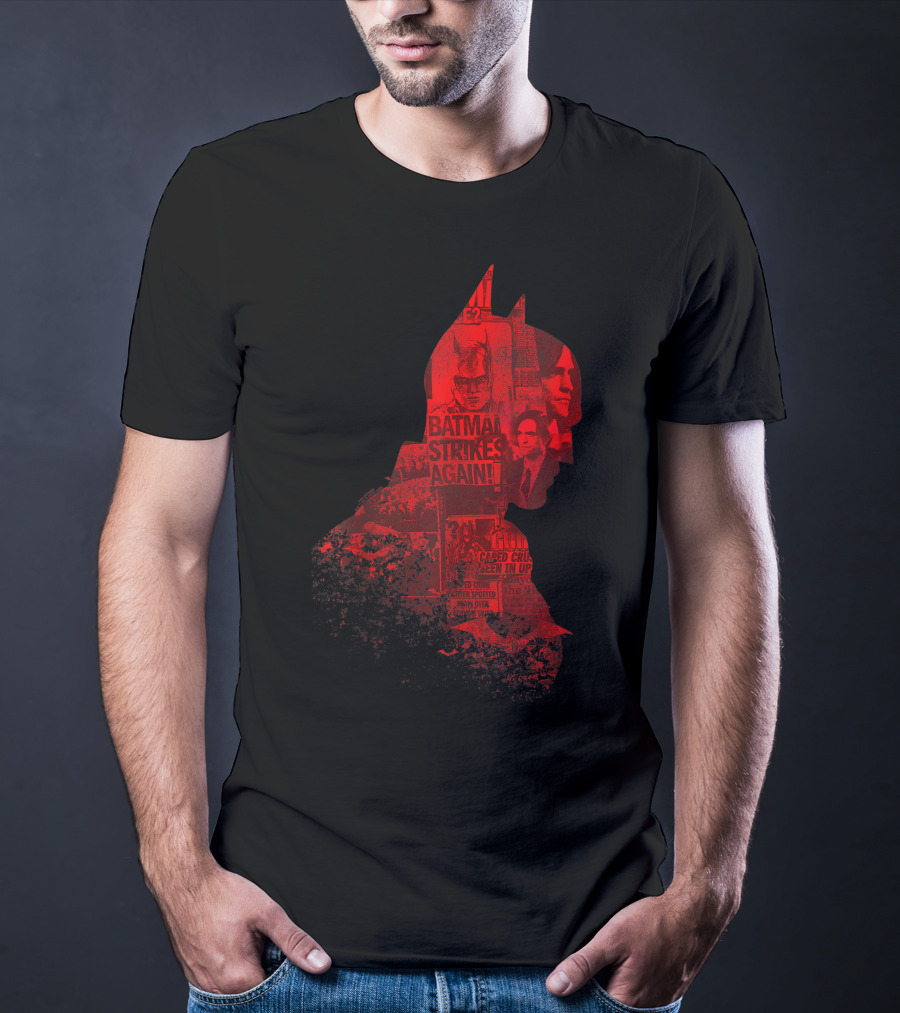 Batman Strikes Again Silhouette Collage Newspaper Headlines T-Shirt