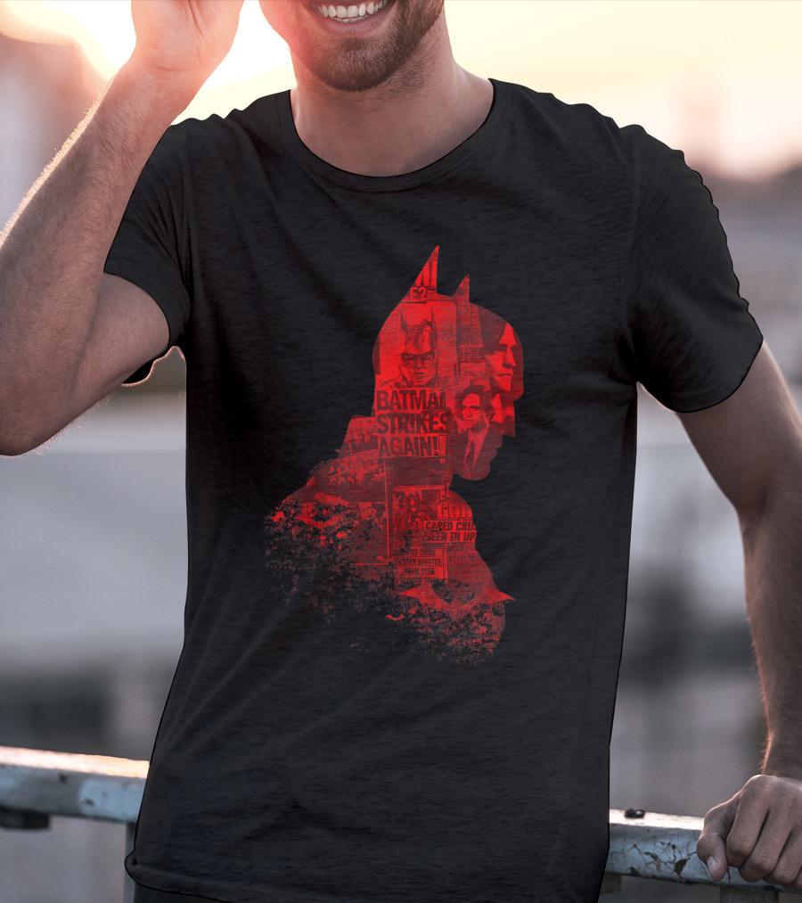 Batman Strikes Again Silhouette Collage Newspaper Headlines T-Shirt