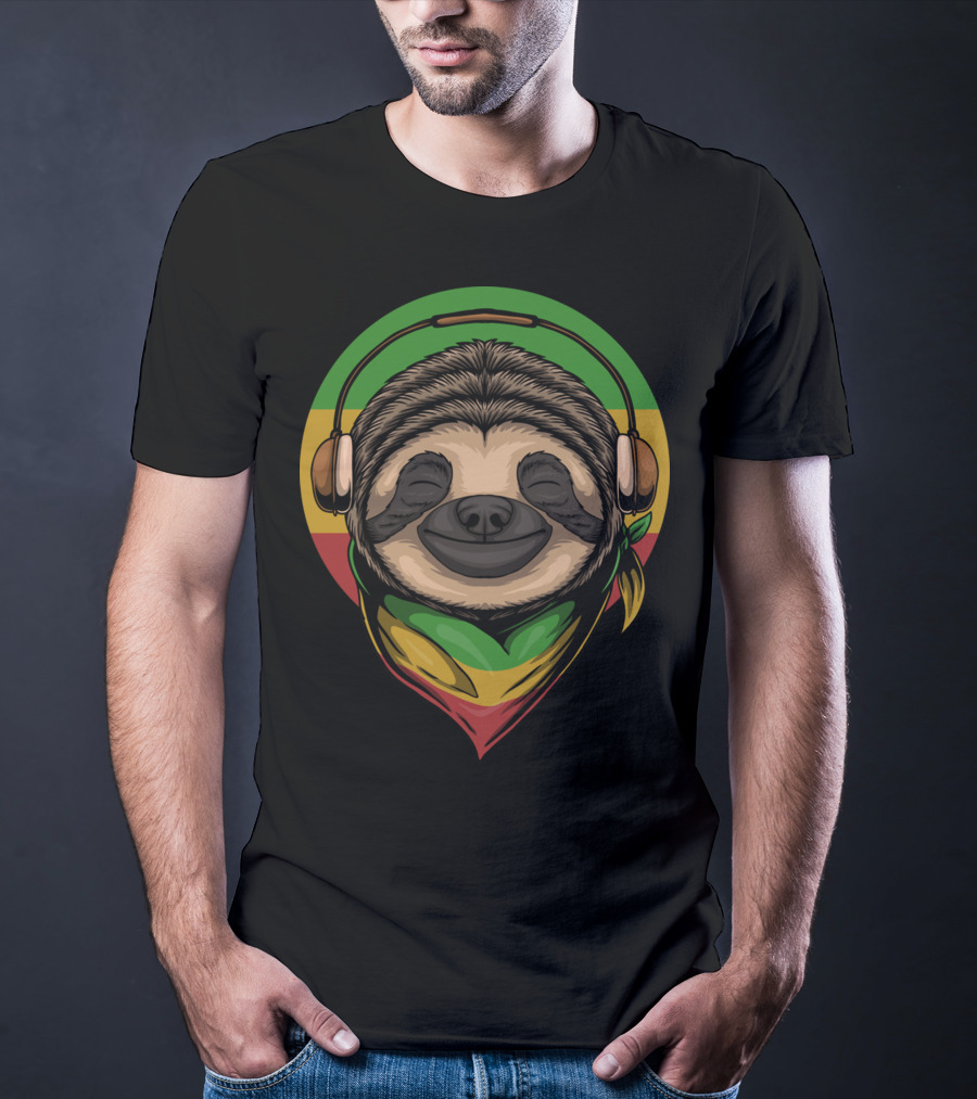 Sloth Rasta Headphones Rasta Colors T-Shirt