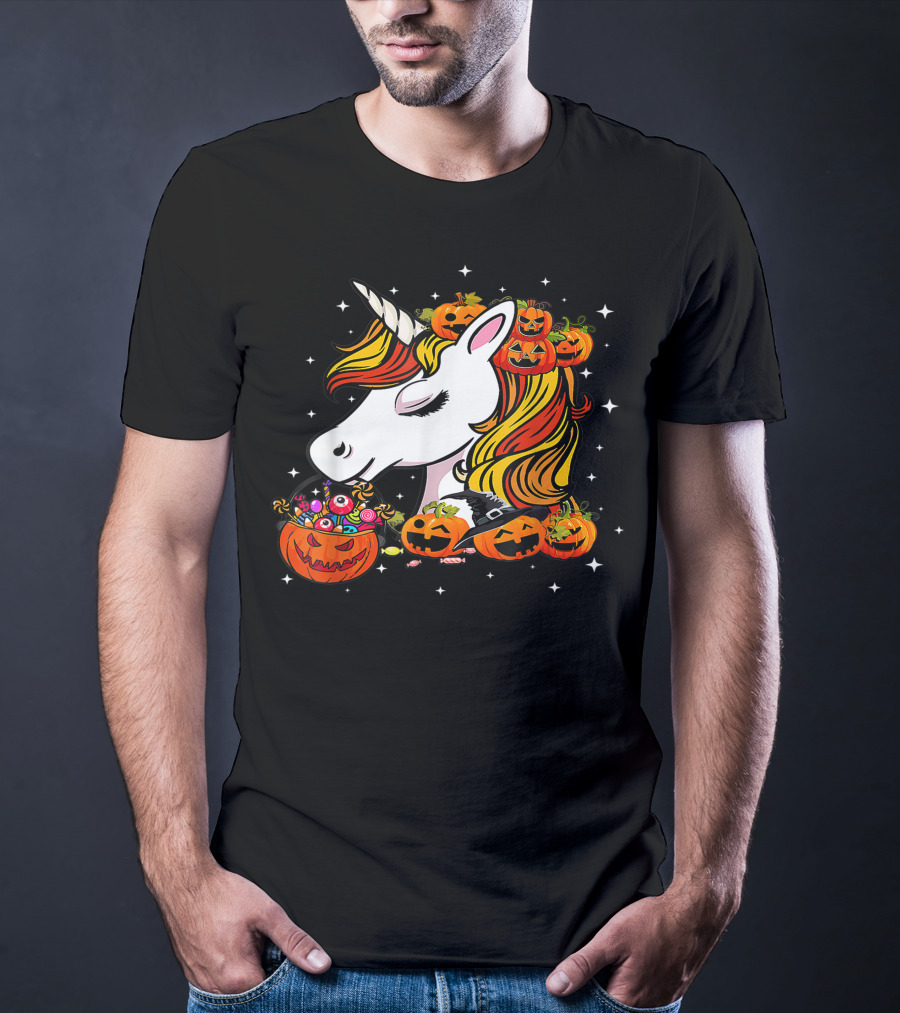Candy Corn Unicorn Surrounded By Jack-O-Lanterns And Candy-Eyed Treats Halloween T-Shirt
