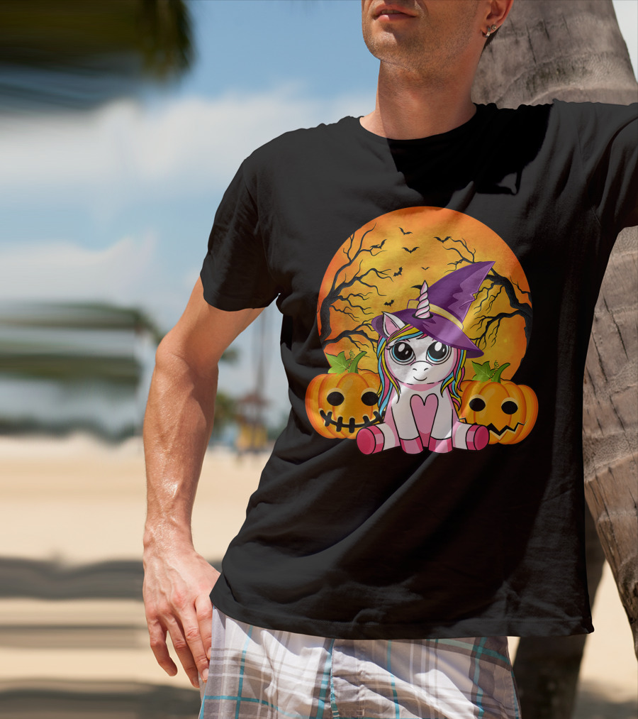 Witchy Unicorn Halloween With Pumpkins And Full Moon T-Shirt