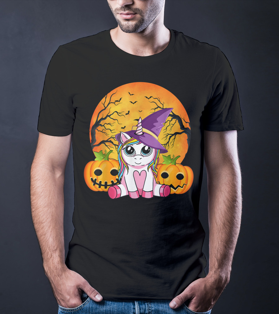 Witchy Unicorn Halloween With Pumpkins And Full Moon T-Shirt