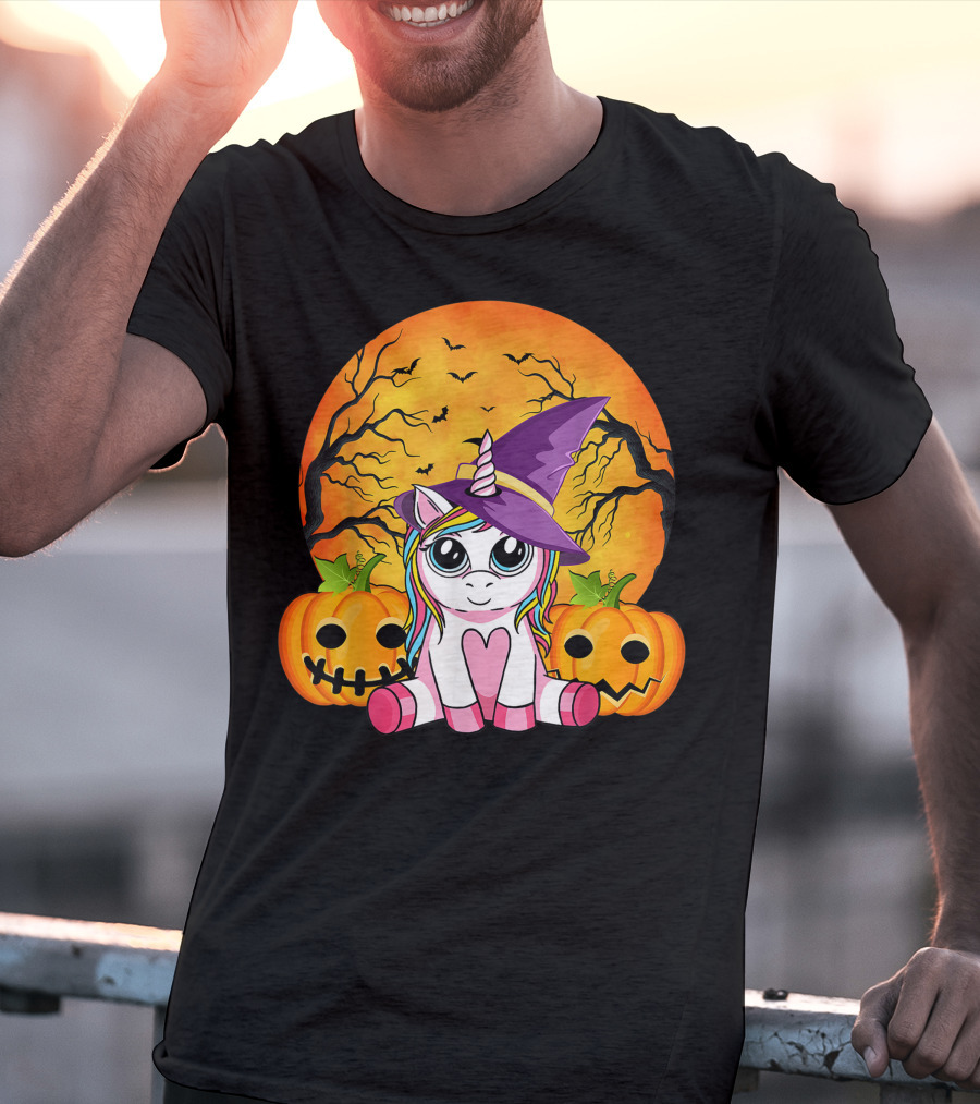 Witchy Unicorn Halloween With Pumpkins And Full Moon T-Shirt