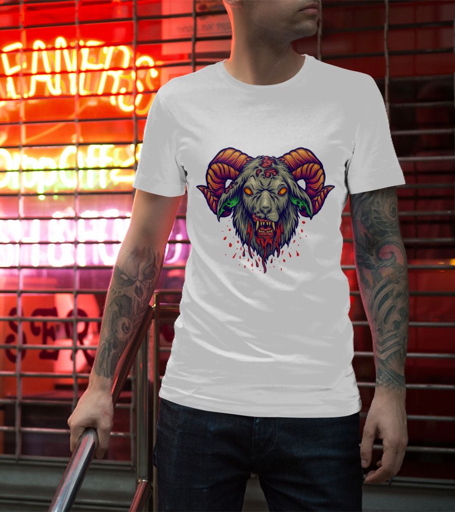 Devil Head Horn Gothic Goat With Blood Splatter And Evil Eyes T-Shirt