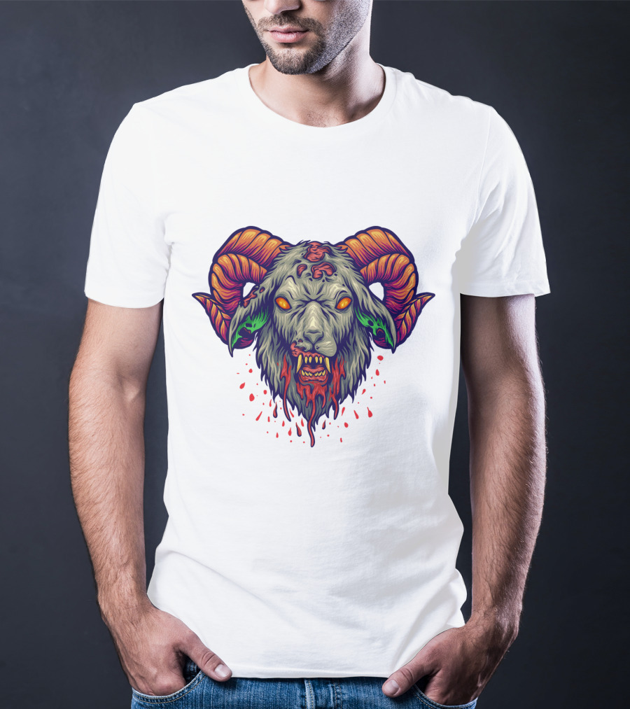 Devil Head Horn Gothic Goat With Blood Splatter And Evil Eyes T-Shirt