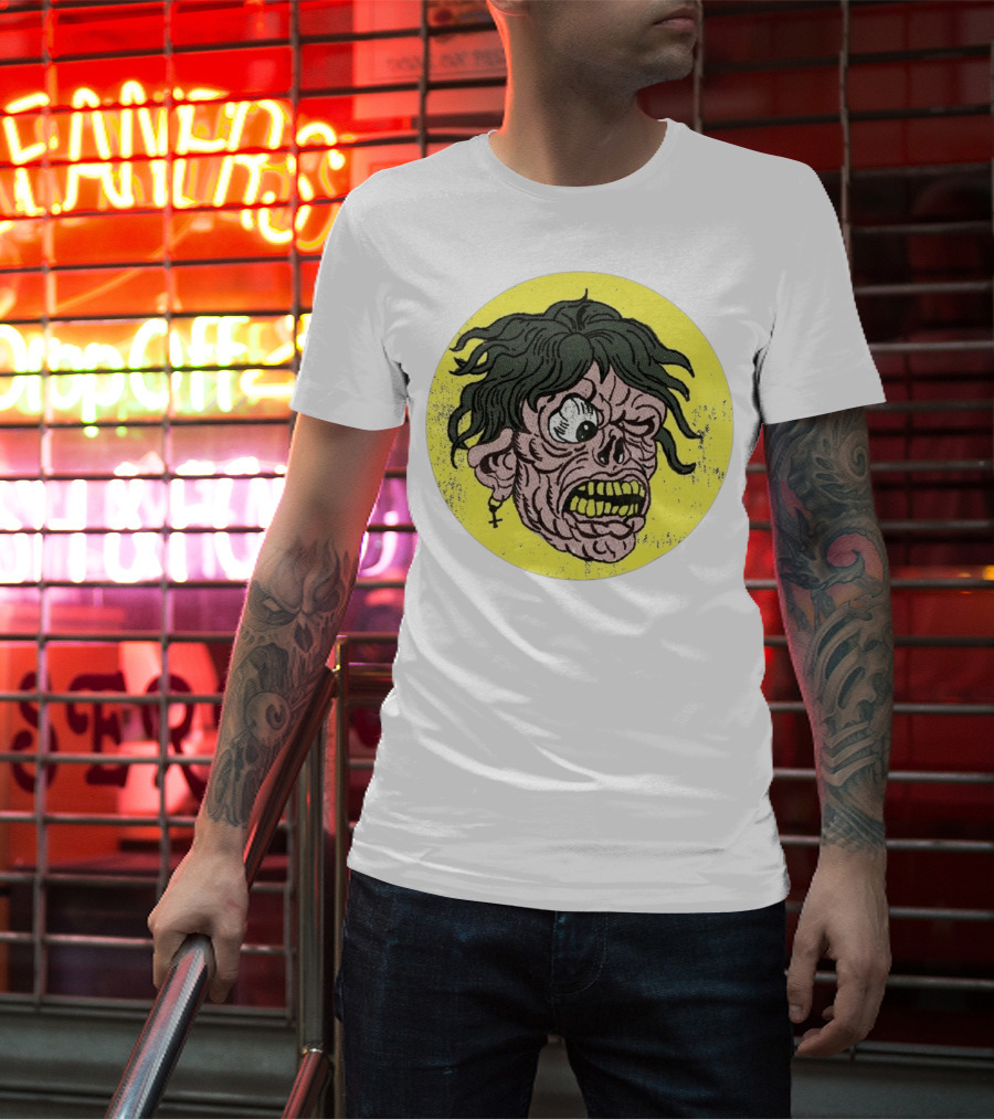 Rebel Zombie Grinning Undead Head With Cross Earring On Yellow Circle T-Shirt