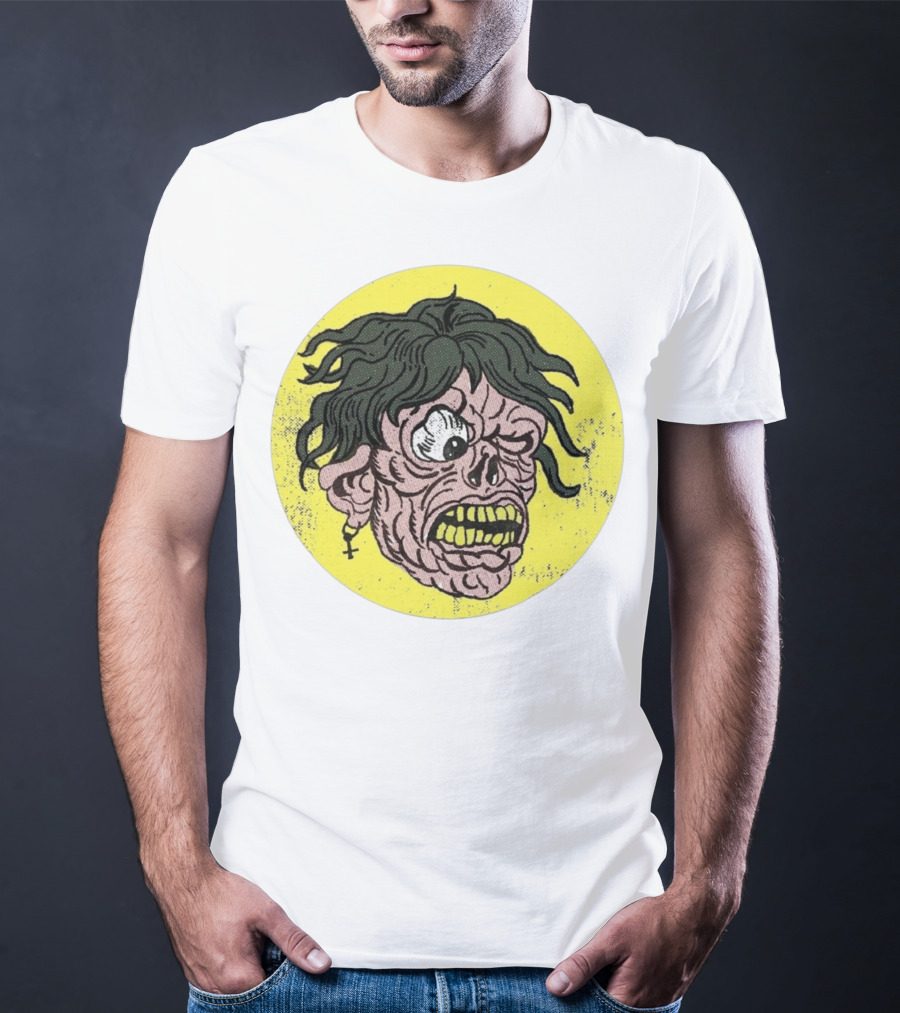 Rebel Zombie Grinning Undead Head With Cross Earring On Yellow Circle T-Shirt