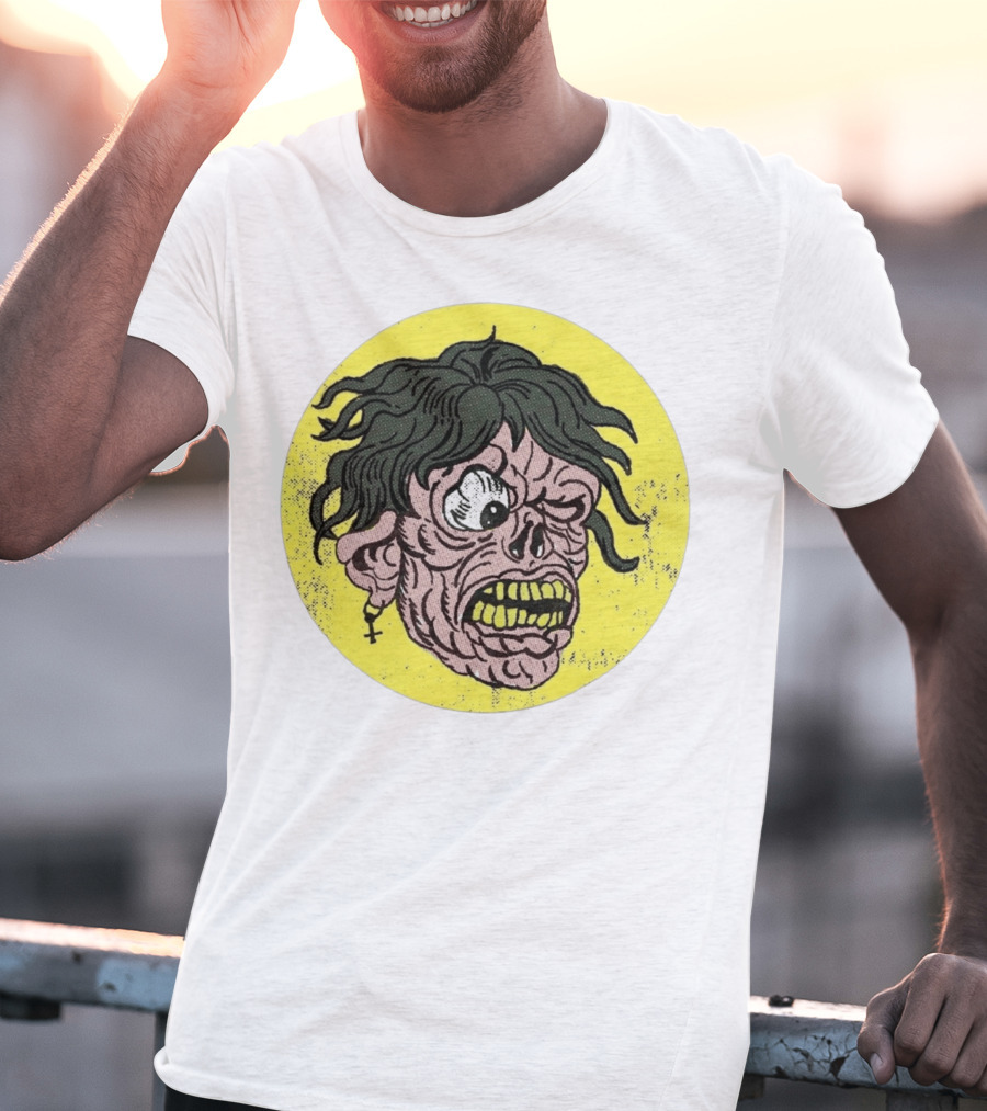 Rebel Zombie Grinning Undead Head With Cross Earring On Yellow Circle T-Shirt