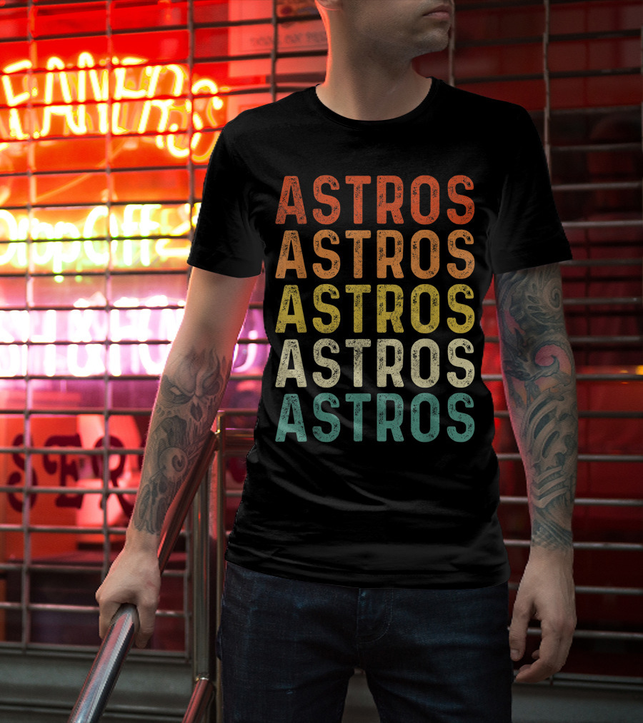 Astros Retro Multicolor Vintage Style Repeated Text T-Shirt