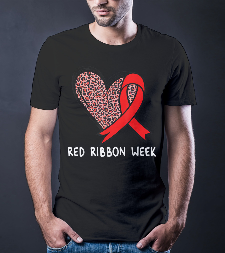 Red Ribbon Week Leopard Print Heart T-Shirt