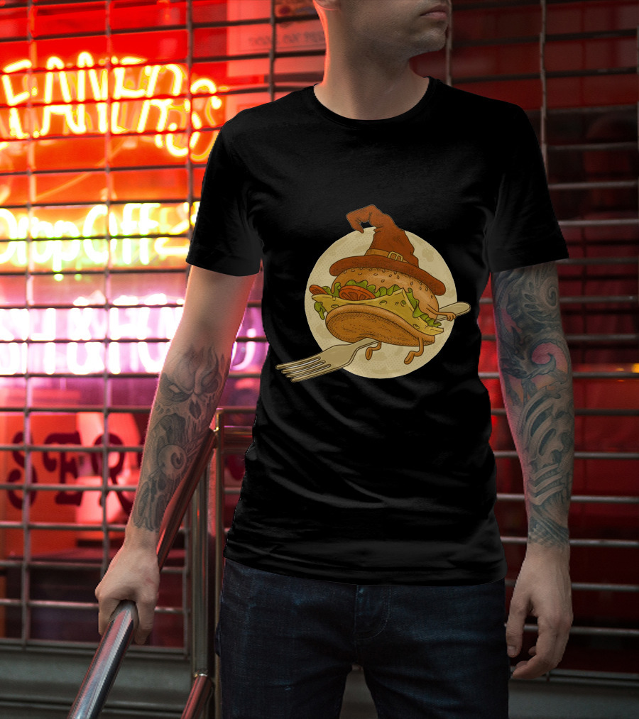 Hamburger With Witch Hat Riding A Fork In Front Of Full Moon T-Shirt