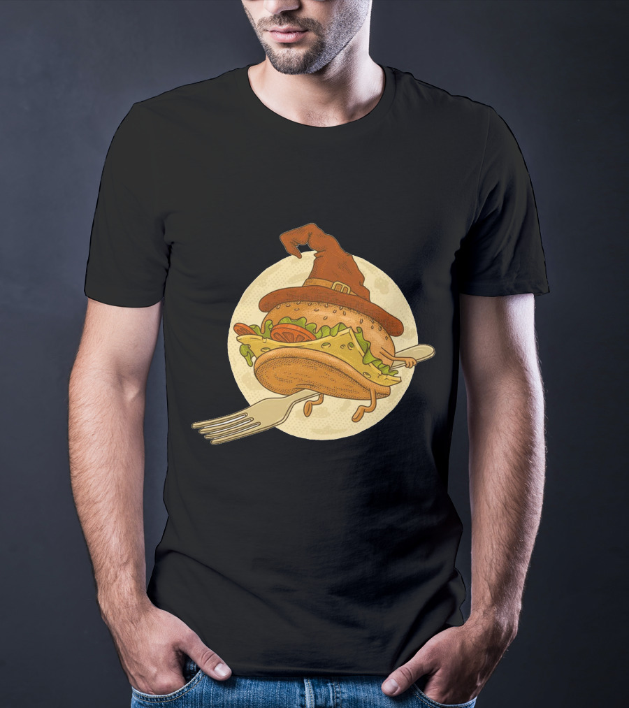 Hamburger With Witch Hat Riding A Fork In Front Of Full Moon T-Shirt