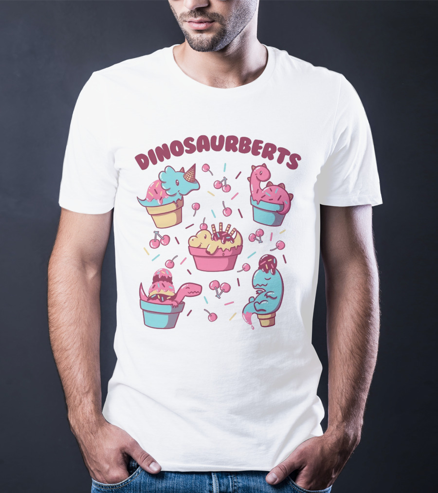 Dinosaurberts Kawaii Ice Cream And Cherries Delight T-Shirt