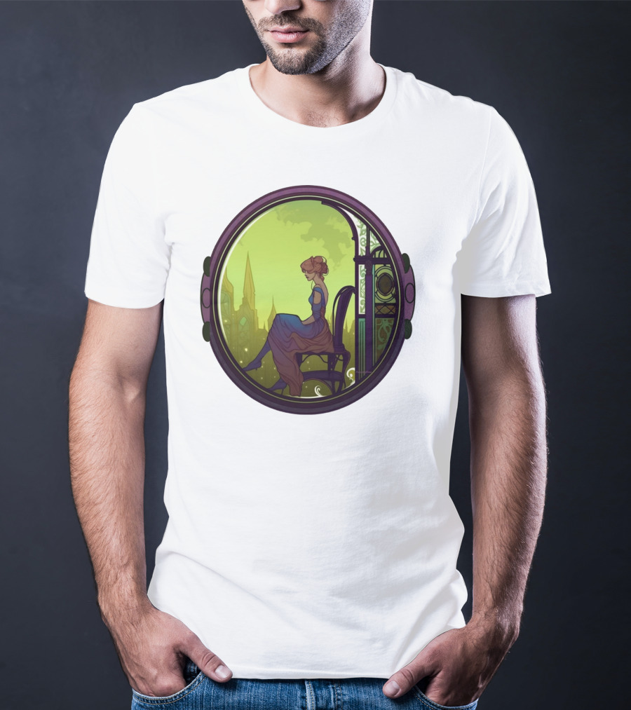 Mysterious Pensive Woman In Enchanted Gothic Cityscape T-Shirt