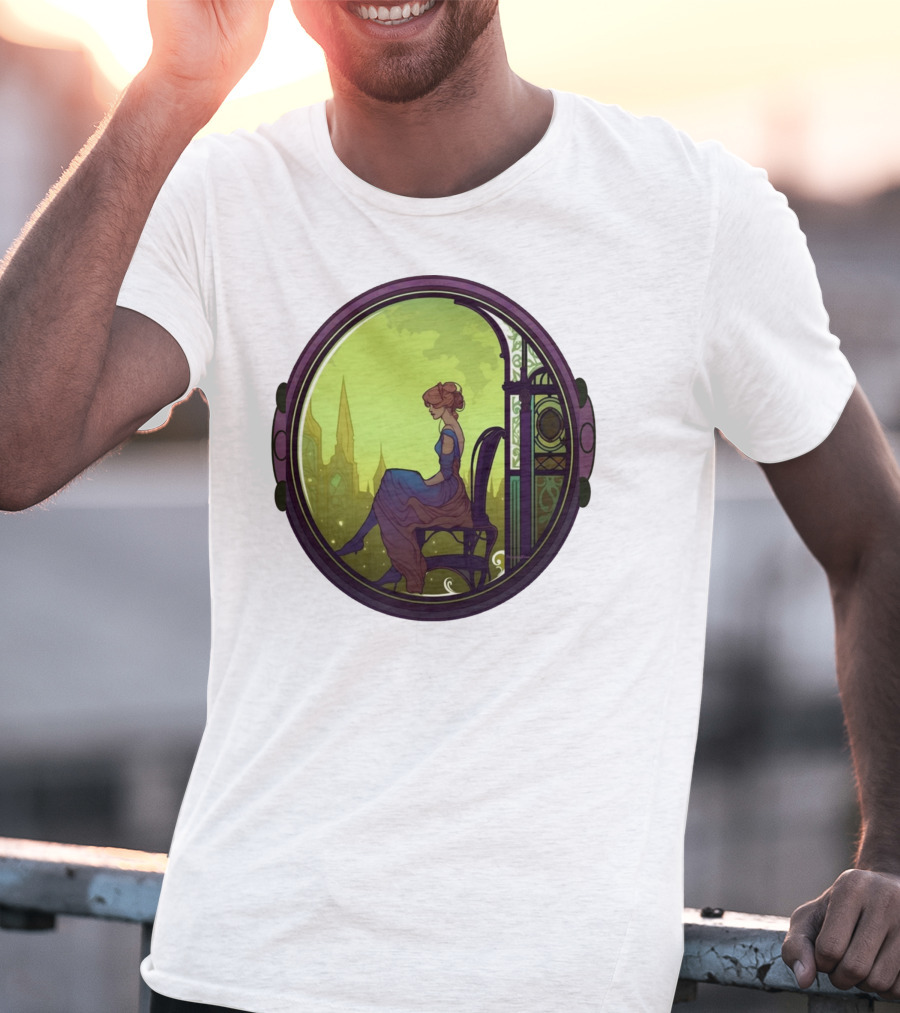 Mysterious Pensive Woman In Enchanted Gothic Cityscape T-Shirt