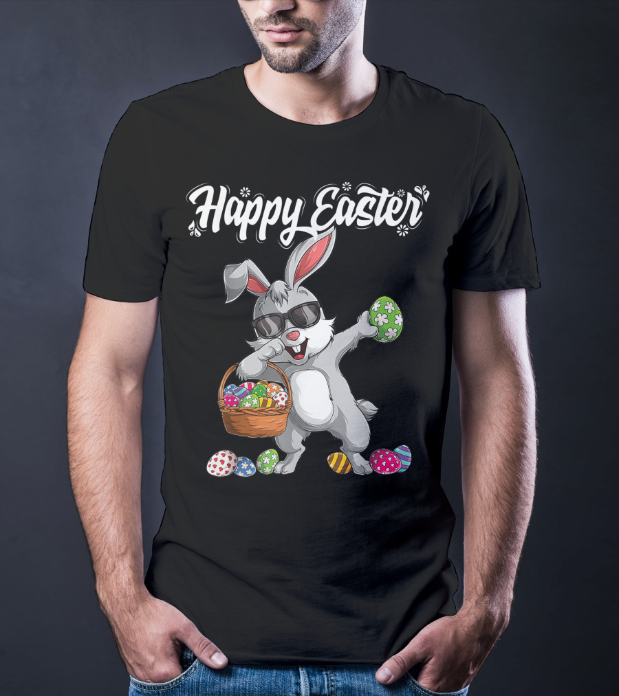 Happy Easter Dabbing Rabbit With Basket And Eggs T-Shirt