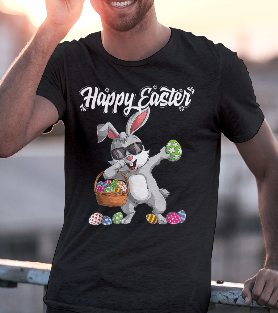 Happy Easter Dabbing Rabbit With Basket And Eggs T-Shirt