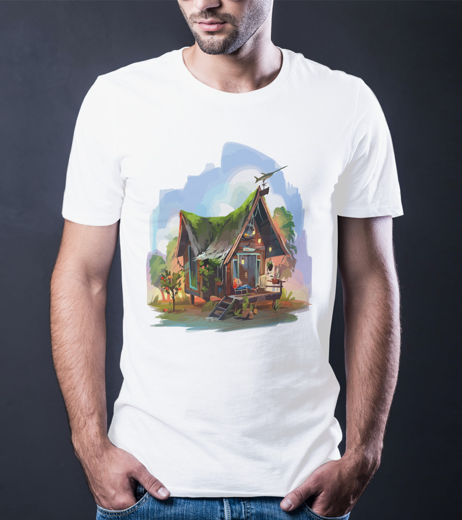 Dream House With Grass Roof And Airplane Sky Scene T-Shirt