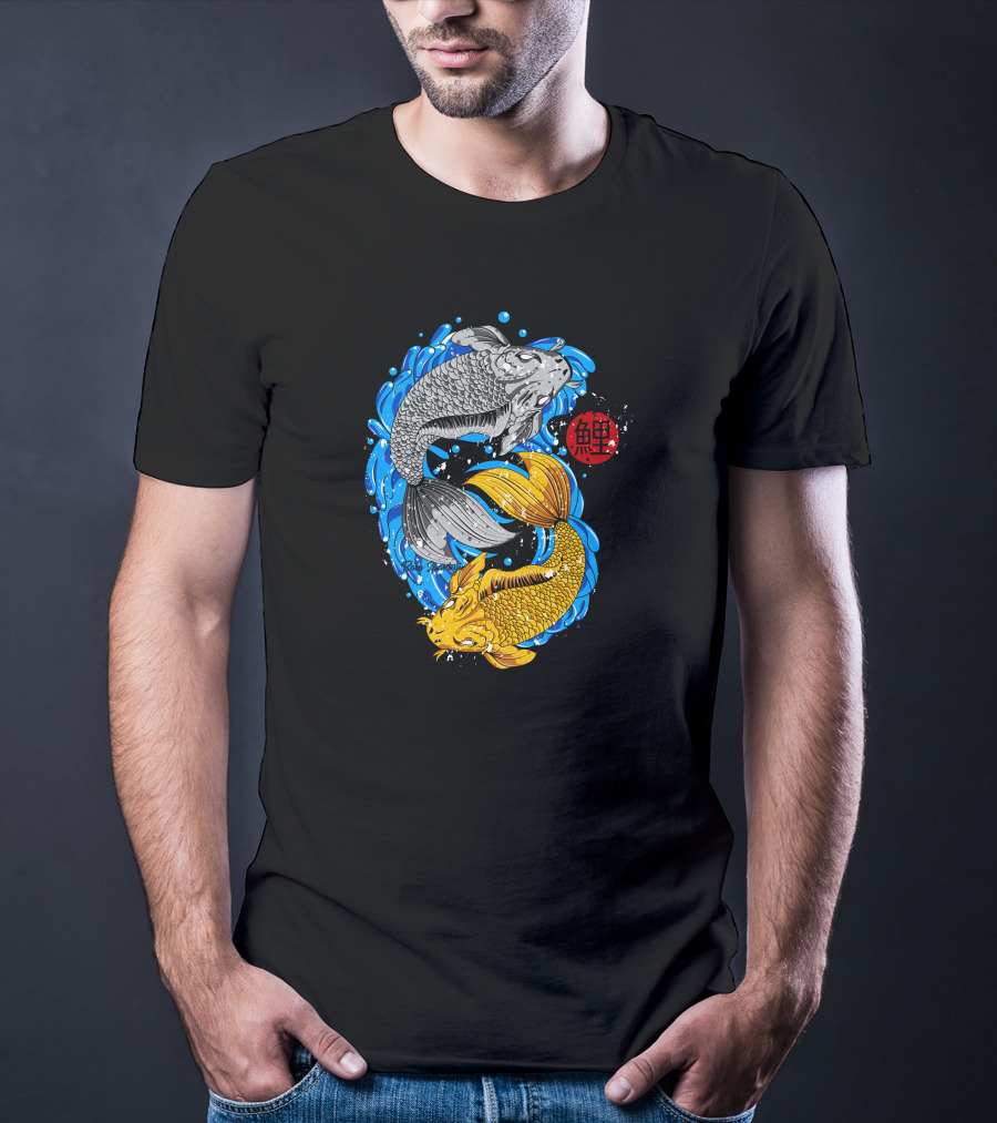 Koi Fish Yin Yang With Blue Water And Red Japanese T-Shirt