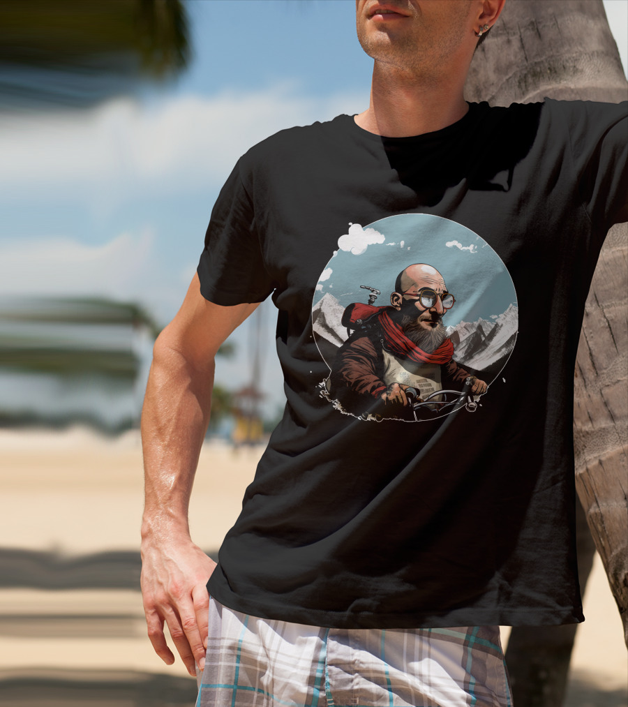 Bald Man On Motorcycle Through Mountain Landscape With Red Scarf And Glasses T-Shirt