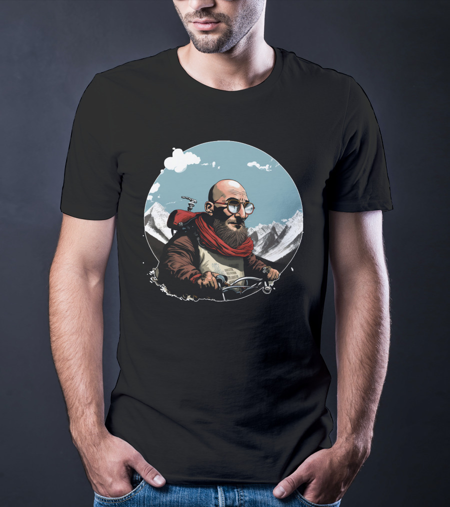 Bald Man On Motorcycle Through Mountain Landscape With Red Scarf And Glasses T-Shirt