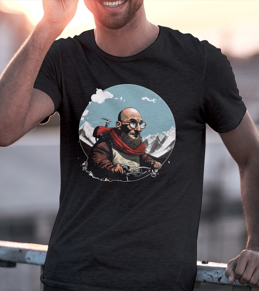 Bald Man On Motorcycle Through Mountain Landscape With Red Scarf And Glasses T-Shirt