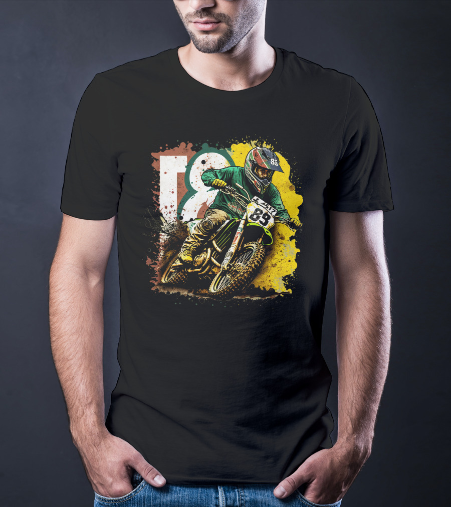 Motocross Racer Dynamic Action With Number 83 And Splatter Background T-Shirt