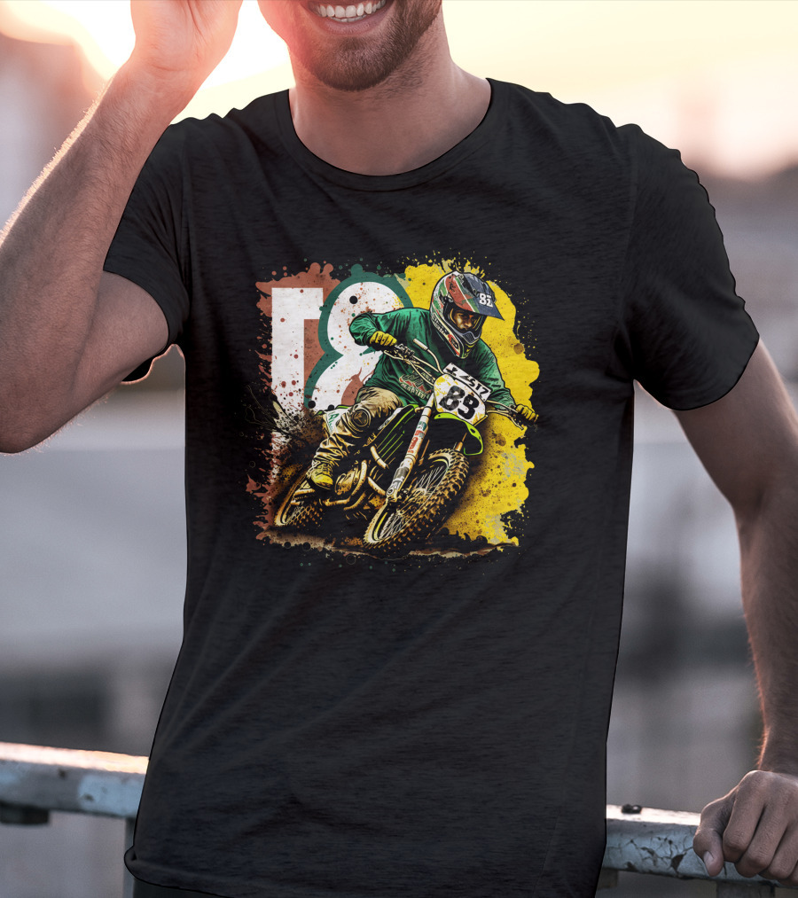 Motocross Racer Dynamic Action With Number 83 And Splatter Background T-Shirt
