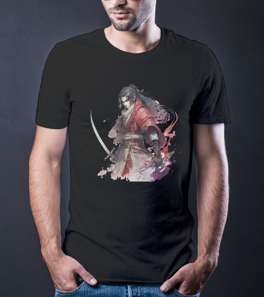 Samurai Blade Warrior In Red Robes With Dual Katanas And Flowing Hair T-Shirt