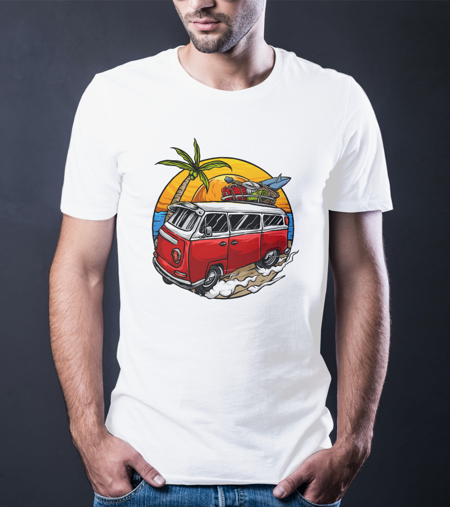 Holiday Vintage Car With Sunset Surfboard And Palm Tree Beach Scene T-Shirt