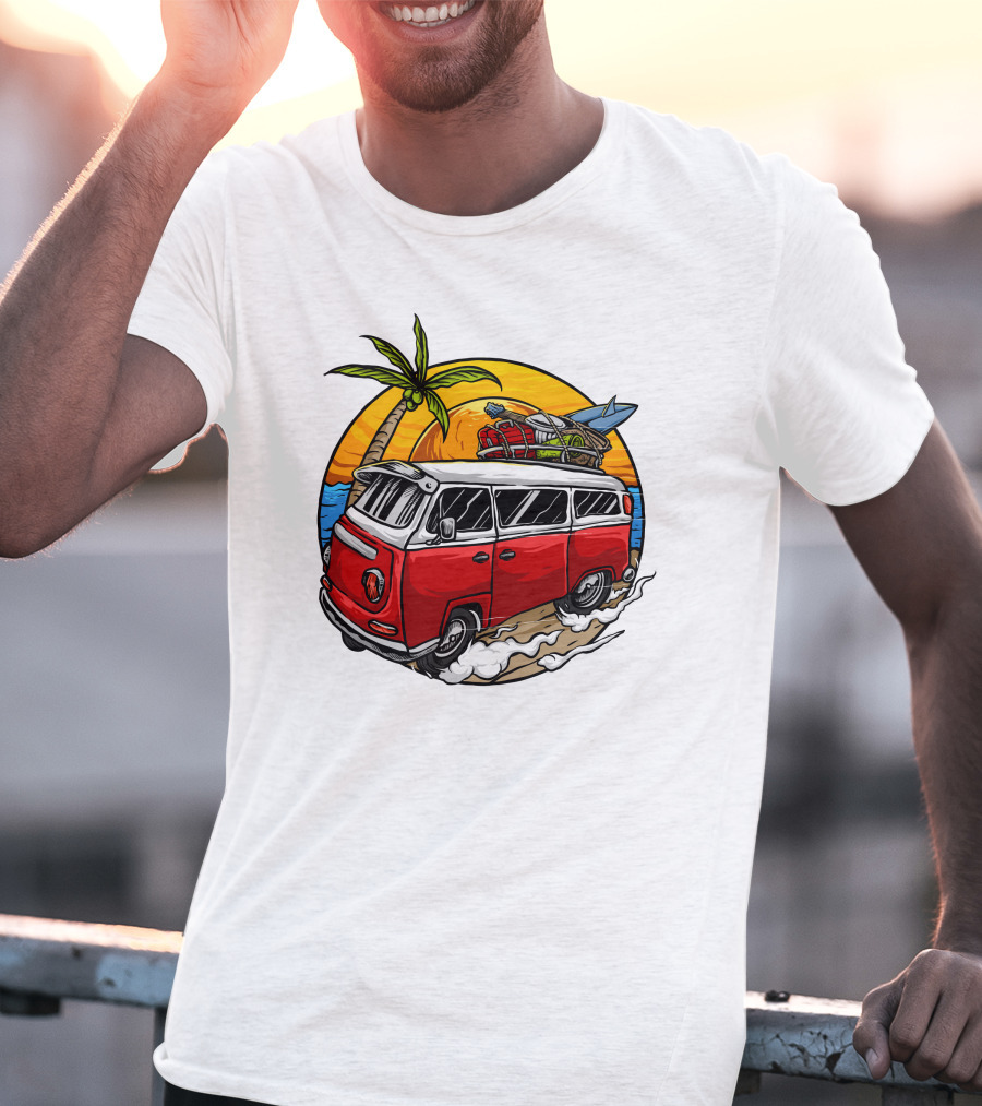 Holiday Vintage Car With Sunset Surfboard And Palm Tree Beach Scene T-Shirt