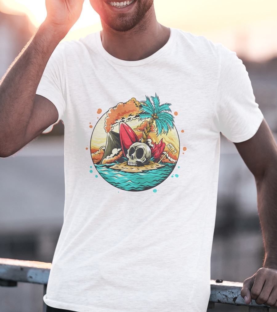 Summer Skull Island Paradise With Palm And Volcano T-Shirt